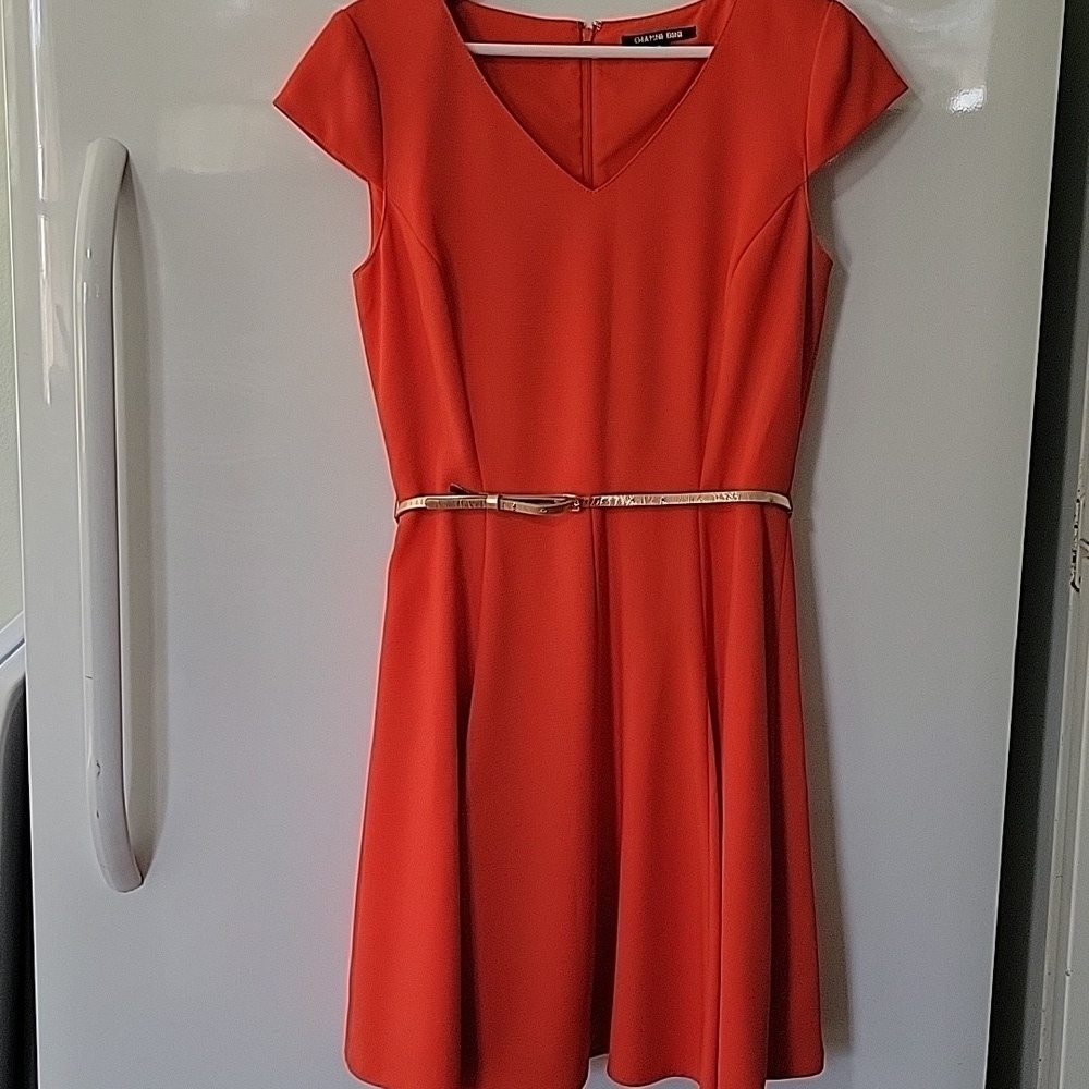 Gianni Bini Orange Fit & Flare Dress Gold Belt Cap Sleeve Size 6 - Picture 16 of 16